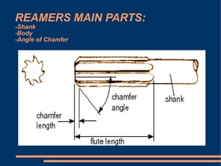 REAMERS MAIN PARTS: -Shank -Body -Angle of Chamfer 