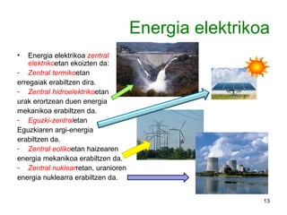 Energia elektrikoa Energia elektrikoa  zentral elektriko etan ekoizten da: Zentral termiko etan  erregaiak erabiltzen dira. Zentral hidroelektriko etan  urak erortzean duen energia mekanikoa erabiltzen da. Eguzki-zentral etan  Eguzkiaren argi-energia  erabiltzen da. Zentral eoliko etan haizearen  energia mekanikoa erabiltzen da. Zentral nuklear retan, uranioren energia nuklearra erabiltzen da. 