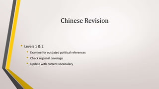 Chinese Revision
• Levels 1 & 2
• Examine for outdated political references
• Check regional coverage
• Update with current vocabulary
 