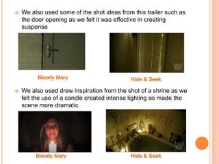 Challenging conventional trailersIn our trailer we decided that it would be better not to use any voice over's unlike our influences, as we felt that a voice over would make our trailer seem amateur and stereotypical of a trailer that uses general conventions. Also we felt that by having a voice over it would reduce the amount of tension and horror that we wanted to portray in our trailer. Also we did not include any dialogue, as we wanted to entice our audience and leave the storyline up to their interpretation. We did this as our task was to produce a ‘teaser trailer’ and not a full trailer.We decided not to ask our audience any rhetorical questions when watching our teaser trailer. This is unlike many other horror trailers. We challenged this convention as we felt that it was not necessary or relevant for our trailer. Also we did not want the trailer to be a cliché of other trailers. 