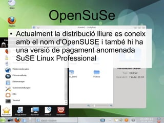 OpenSuSe Actualment la distribució lliure es coneix amb el nom d'OpenSUSE i també hi ha una versió de pagament anomenada SuSE Linux Professional 