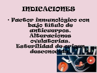 INDICACIONES
• Factor inmunológico con
      bajo título de
       anticuerpos.
       Alteraciones
       ovulatorias.
   Esterilidad de origen
       desconocida.
 