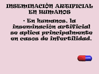 INSEMINACIÓN ARTIFICIAL
     EN HUMANOS
     • En humanos, la
  inseminación artificial
 se aplica principalmente
 en casos de infertilidad.
 
