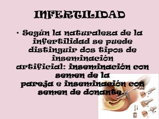 INFERTILIDAD
• Según la naturaleza de la
    infertilidad se puede
   distinguir dos tipos de
        inseminación
artificial: inseminación con
         semen de la
  pareja e inseminación con
     semen de donante.
 