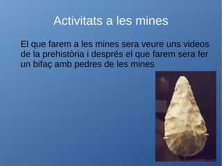Activitats a les mines
El que farem a les mines sera veure uns videos
de la prehistòria i després el que farem sera fer
un bifaç amb pedres de les mines
 