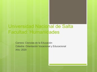 Universidad Nacional de Salta
Facultad: Humanidades
Carrera: Ciencias de la Educación
Cátedra: Orientación Vocacional y Educacional
Año: 2020
 