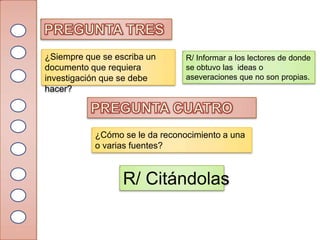 ¿Siempre que se escriba un      R/ Informar a los lectores de donde
documento que requiera          se obtuvo las ideas o
investigación que se debe       aseveraciones que no son propias.
hacer?




           ¿Cómo se le da reconocimiento a una
           o varias fuentes?



                  R/ Citándolas
 
