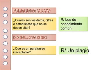 ¿Cuales son los datos, cifras   R/ Los de
o estadísticas que no se        conocimiento
deben citar?                    común.




¿Qué es un parafraseo
inaceptable?                    R/ Un plagio
 