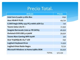 Precio Total.
Articulo Precio
Intel Core i5-4460 3.2Ghz Box 169€
Asus H81M-P PLUS 49,75€
G.Skill Aegis DDR3 1333 PC3-10666 4GB CL9 24€
Tacens Gelus Lite III + 27,95€
Seagate Barracuda 7200.14 1TB SATA3 46,95€
Owlotech EVO USB 3.0 500W 39,95€
Tacens Mars Gaming MPII 650W 34€
Acer V196HQLAb 18.5" LED 69€
Logitech Keyboard K120 12,95€
Logitech B100 Ratón Negro 8,75€
Microsoft Windows 10 Home 64Bits OEM 94,95€
TOTAL 577,25€
 