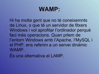 WAMP: Hi ha molta gent que no té coneixemnts de Linux, o que té un servidor de fitxers Windows i vol aprofitar l’ordinador perquè faci més operacions. Quan prlem de l’entorn Windows amb l’Apache, l’MySQL i el PHP, ens referim a un servei dinàmic WAMP. És una alternativa al LAMP. 