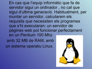 En cas que l’equip informàtic que fa de servidor sigui un ordinador , no cal que sigui d‘ultima generació. Habitualment, per muntar un servidor, calcularem els requisits que necessiten els programes que s’hi executaran: un servidor de pàgines web pot funcionar perfectament en un Pentium 100 Mhz amb 32 MB de RAM, amb  un sistema operatiu Linux. 