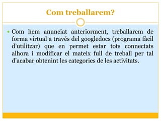 Com treballarem?

 Com hem anunciat anteriorment, treballarem de
 forma virtual a través del googledocs (programa fàcil
 d’utilitzar) que en permet estar tots connectats
 alhora i modificar el mateix full de treball per tal
 d’acabar obtenint les categories de les activitats.
 