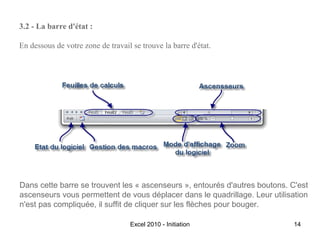 3.2 - La barre d'état :
En dessous de votre zone de travail se trouve la barre d'état.

Dans cette barre se trouvent les « ascenseurs », entourés d'autres boutons. C'est
ascenseurs vous permettent de vous déplacer dans le quadrillage. Leur utilisation
n'est pas compliquée, il suffit de cliquer sur les flèches pour bouger.
Excel 2010 - Initiation

14

 