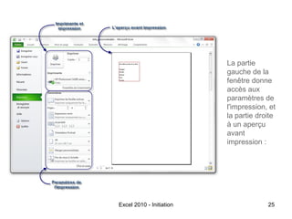 La partie
gauche de la
fenêtre donne
accès aux
paramètres de
l'impression, et
la partie droite
à un aperçu
avant
impression :

Excel 2010 - Initiation

25

 