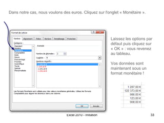 Dans notre cas, nous voulons des euros. Cliquez sur l'onglet « Monétaire ».

Laissez les options par
défaut puis cliquez sur
« OK » : vous revenez
au tableau.
Vos données sont
maintenant sous un
format monétaire !

Excel 2010 - Initiation

33

 