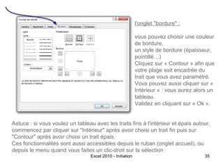 l'onglet "bordure" :
vous pouvez choisir une couleur
de bordure,
un style de bordure (épaisseur,
pointillé…)
Cliquez sur « Contour » afin que
votre plage soit encadrée du
trait que vous avez paramétré.
Vous pouvez aussi cliquer sur «
Intérieur » : vous aurez alors un
tableau.
Validez en cliquant sur « Ok ».
Astuce : si vous voulez un tableau avec les traits fins à l'intérieur et épais autour,
commencez par cliquer sur "Intérieur" après avoir choisi un trait fin puis sur
"Contour" après avoir choisi un trait épais.
Ces fonctionnalités sont aussi accessibles depuis le ruban (onglet accueil), ou
depuis le menu quand vous faites un clic-droit sur la sélection
Excel 2010 - Initiation

35

 
