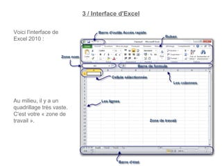 3 / Interface d'Excel
Voici l'interface de
Excel 2010 :

Au milieu, il y a un
quadrillage très vaste.
C'est votre « zone de
travail ».

Excel 2010 - Initiation

7

 