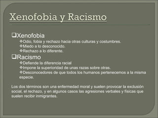 Xenofobia Odio, fobia y rechazo hacia otras culturas y costumbres. Miedo a lo desconocido. Rechazo a lo diferente. Racismo Defiende la diferencia racial Impone la superioridad de unas razas sobre otras. Desconocedores de que todos los humanos pertenecemos a la misma especie. Los dos términos son una enfermedad moral y suelen provocar la exclusión social, el rechazo, y en algunos casos las agresiones verbales y físicas que suelen recibir inmigrantes. 