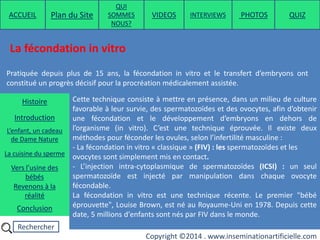 Rechercher
Copyright ©2014 . www.inseminationartificielle.com
Cette technique consiste à mettre en présence, dans un milieu de culture
favorable à leur survie, des spermatozoïdes et des ovocytes, afin d’obtenir
une fécondation et le développement d’embryons en dehors de
l’organisme (in vitro). C’est une technique éprouvée. Il existe deux
méthodes pour féconder les ovules, selon l’infertilité masculine :
- La fécondation in vitro « classique » (FIV) : les spermatozoïdes et les
ovocytes sont simplement mis en contact.
- L’injection intra-cytoplasmique de spermatozoïdes (ICSI) : un seul
spermatozoïde est injecté par manipulation dans chaque ovocyte
fécondable.
La fécondation in vitro est une technique récente. Le premier "bébé
éprouvette", Louise Brown, est né au Royaume-Uni en 1978. Depuis cette
date, 5 millions d'enfants sont nés par FIV dans le monde.
La fécondation in vitro
Pratiquée depuis plus de 15 ans, la fécondation in vitro et le transfert d’embryons ont
constitué un progrès décisif pour la procréation médicalement assistée.
ACCUEIL Plan du Site
QUI
SOMMES
NOUS?
QUIZ
Histoire
Introduction
L’enfant, un cadeau
de Dame Nature
Revenons à la
réalité
Conclusion
La cuisine du sperme
Vers l’usine des
bébés
PHOTOSVIDEOS INTERVIEWS
 