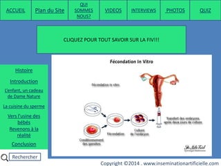 Rechercher
Copyright ©2014 . www.inseminationartificielle.com
CLIQUEZ POUR TOUT SAVOIR SUR LA FIV!!!
ACCUEIL Plan du Site
QUI
SOMMES
NOUS?
QUIZ
Histoire
Introduction
L’enfant, un cadeau
de Dame Nature
Revenons à la
réalité
Conclusion
La cuisine du sperme
Vers l’usine des
bébés
PHOTOSVIDEOS INTERVIEWS
 