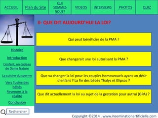 Rechercher
Copyright ©2014 . www.inseminationartificielle.com
II- QUE DIT AUJOURD’HUI LA LOI?
Qui peut bénéficier de la PMA ?
Que changerait une loi autorisant la PMA ?
Que va changer la loi pour les couples homosexuels ayant un désir
d'enfant ? La fin des bébés Thalys et Elipsos ?
Que dit actuellement la loi au sujet de la gestation pour autrui (GPA) ?
ACCUEIL Plan du Site
QUI
SOMMES
NOUS?
QUIZ
Histoire
Introduction
L’enfant, un cadeau
de Dame Nature
Revenons à la
réalité
Conclusion
La cuisine du sperme
Vers l’usine des
bébés
PHOTOSVIDEOS INTERVIEWS
 