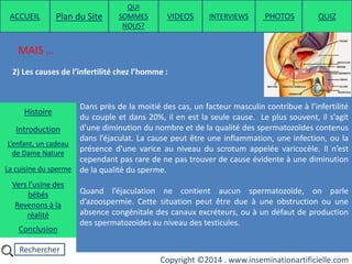 Rechercher
Copyright ©2014 . www.inseminationartificielle.com
Dans près de la moitié des cas, un facteur masculin contribue à l’infertilité
du couple et dans 20%, il en est la seule cause. Le plus souvent, il s’agit
d’une diminution du nombre et de la qualité des spermatozoïdes contenus
dans l’éjaculat. La cause peut être une inflammation, une infection, ou la
présence d’une varice au niveau du scrotum appelée varicocèle. Il n’est
cependant pas rare de ne pas trouver de cause évidente à une diminution
de la qualité du sperme.
Quand l’éjaculation ne contient aucun spermatozoïde, on parle
d’azoospermie. Cette situation peut être due à une obstruction ou une
absence congénitale des canaux excréteurs, ou à un défaut de production
des spermatozoïdes au niveau des testicules.
2) Les causes de l’infertilité chez l’homme :
MAIS …
ACCUEIL Plan du Site
QUI
SOMMES
NOUS?
QUIZ
Histoire
Introduction
L’enfant, un cadeau
de Dame Nature
Revenons à la
réalité
Conclusion
La cuisine du sperme
Vers l’usine des
bébés
PHOTOSVIDEOS INTERVIEWS
 