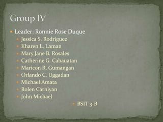 Group IVLeader: Ronnie Rose DuqueJessica S. RodriguezKharen L. LamanMary Jane B. RosalesCatherine G. CabauatanMaricon R. GumanganOrlando C. UggadanMichael AmataRolenCarniyanJohn MichaelBSIT 3-B