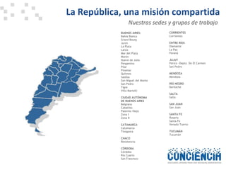 Nuestras sedes y grupos de trabajo BUENOS AIRES: Bahía Blanca Grand Bourg Junín La Plata Lanús Mar del Plata Morón Nueve de Julio Pergamino Pilar Pinamar Quilmes Saldías San Miguel del Monte San Pedro Tigre Villa Martelli CIUDAD AUTÓNOMA  DE BUENOS AIRES Belgrano Caballito  Palermo Viejo Zona I Zona II CATAMARCA Catamarca  Tinogasta CHACO Resistencia CÓRDOBA Córdoba Río Cuarto San Francisco CORRIENTES Corrientes ENTRE RÍOS Diamante La Paz Paraná JUJUY Perico -Depto. De El Carmen San Pedro MENDOZA Mendoza RÍO NEGRO Bariloche SALTA Salta SAN JUAN   San Juan SANTA FE Rosario Santa Fe Venado Tuerto TUCUMÁN Tucumán La República, una misión compartida 