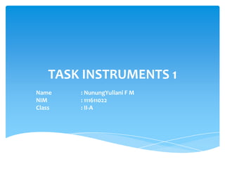 TASK INSTRUMENTS 1
Name    : NunungYuliani F M
NIM     : 111611022
Class   : II-A
 