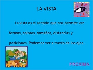 LA VISTA
La vista es el sentido que nos permite ver
formas, colores, tamaños, distancias y
posiciones. Podemos ver a través de los ojos.
 