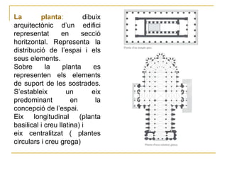 La planta :  dibuix arquitectònic d’un edifici representat en secció horitzontal. Representa la distribució de l’espai i els seus elements.  Sobre la planta es representen els elements de suport de les sostrades. S’estableix un eix predominant en la concepció de l’espai.  Eix longitudinal (planta basilical i creu llatina) i  eix centralitzat ( plantes circulars i creu grega)  