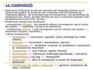LA  COMPOSICIÓ Determina l’ordenació de tots els elements del llenguatge pictòric en el conjunt del quadre. És tracta de com s’articulen tots els elements de l’expressió plàstica i de la sensació que ens produeixen. Les possibilitats de composició són ,doncs, gairebé infinites per que hi influeixen aspectes com: perspectiva,llum,color,línia, formes... Predominen sempre dos tendències: .  composicions  tancades   (els elements plàstics convergeixen cap el centre del quadre  <>  estabilitat i anulació de moviment).  .  composicions  obertes   ( quan divergeixen cap els extrems del quadre  <>  dinamitzen l’escena, moviment ). .  altres composicions:  Piramidals   <>  harmonia i equilibri (molt utilitzada en l’estil clàssic) Obliqües   <>  moviment ( manierisme i barroc) Centrífugues   <>   tendeixen a tancar la composició i accentuen la  sensació de moviment Centrípetes   <>  que s’obren, agiten l’escena Simètriques   <>  estructura ordenada/equilibrada  i narrativa  Asimètriques  / zig-zag  <>  desequilibri  Doble aspa   <>  obre la composició a traves de diagonals, dinamitza  Combinació de corbes i diagonals   <>  generen sensacions de caos i confusió 