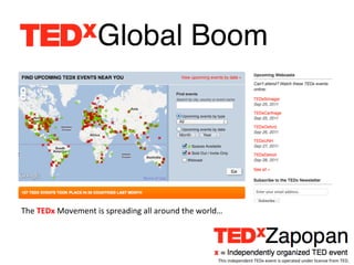 Global Boom!




The	
  TEDx	
  Movement	
  is	
  spreading	
  all	
  around	
  the	
  world…	
  	
  




                                                                                This	
  independent	
  TEDx	
  event	
  is	
  operated	
  under	
  license	
  from	
  TED.	
  
 