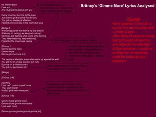 It's Britney Bitch
I see you,
And I just wanna dance with you
Every time they turn the lights down
Just wanna go that extra mile for you
You got my display of affection
Feels like no one else in the room (but you)
[Bridge:]
We can get down like there's no one around
We keep on rocking, we keep on rocking'
Cameras are flashing while we're dirty dancing
They keep watching, keep watching'
Feels like the crowd was saying
[Chorus:]
Gimme Gimme more
Gimme more
Gimme gimme more [x4]
The centre of attention, even when we're up against the wall
You got me in a crazy position (uh huh)
If you're on a mission (ooh)
You got my permission oh
[Bridge]
[Chorus (x4)]
[Spoken]
I just can't control myself, more
They want more?
Well I'll give them more (ow!)
[Chorus (x4)]
Gimme more gimme more
Gimme more gimme more babe
I just want more
Gimme gimme gimme gimme gimme [x4]
Britney’s ‘Gimme More’ Lyrics AnalysedThe repeated use of ‘I’,
‘Gimme’ and ‘my’ shows she
is just thinking about herself
Complying to the needs of the
crowd could be a symbol for her
fans, giving the audience what they
want to see
The male gaze – she is just an object
Overall
•She appears to be just a
toy for the man to play with
– (Male Gaze).
•She doesn't seem to mind
being thought of like this
and attracts the attention
of the cameras – could be
a reflection of societies
need for publicity and
attention.
She seems to be in control of the
man giving him ‘Permission’.
Explicit sexual references show
how society is desensitised to
this and this reference also
shows the male gaze – Barbie
doll?
 