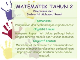 MATEMATIK TAHUN 2
Disediakan oleh :
Jasleen bt Mohamed Razali
Kemahiran :
Pengukuran dan perbandingan isipadu cecair
Objek...