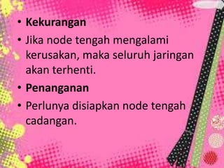 • Kekurangan
• Jika node tengah mengalami
kerusakan, maka seluruh jaringan
akan terhenti.
• Penanganan
• Perlunya disiapkan node tengah
cadangan.

 