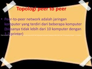 Topologi peer to peer
• Peer-to-peer network adalah jaringan
komputer yang terdiri dari beberapa komputer
(biasanya tidak lebih dari 10 komputer dengan
1-2 printer)
Peer-to-peer network adalah jaringan komputer yang terdiri dari beberapa komputer (biasanya tidak lebih dari 10 komputer dengan 1-2 printer).

 