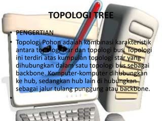 TOPOLOGI TREE
• PENGERTIAN
• Topologi Pohon adalah kombinasi karakteristik
antara topologi star dan topologi bus. Topologi
ini terdiri atas kumpulan topologi star yang
dihubungkan dalam satu topologi bus sebagai
backbone. Komputer-komputer dihubungkan
ke hub, sedangkan hub lain di hubungkan
sebagai jalur tulang punggung atau backbone.
•

 