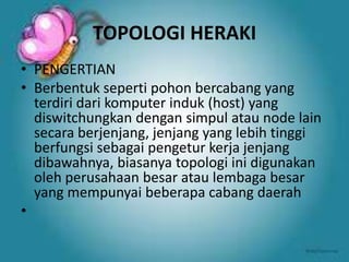 TOPOLOGI HERAKI
• PENGERTIAN
• Berbentuk seperti pohon bercabang yang
terdiri dari komputer induk (host) yang
diswitchungkan dengan simpul atau node lain
secara berjenjang, jenjang yang lebih tinggi
berfungsi sebagai pengetur kerja jenjang
dibawahnya, biasanya topologi ini digunakan
oleh perusahaan besar atau lembaga besar
yang mempunyai beberapa cabang daerah
•

 
