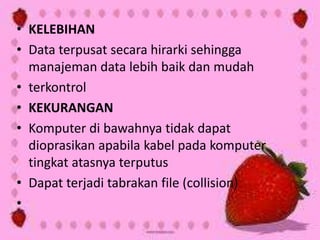 • KELEBIHAN
• Data terpusat secara hirarki sehingga
manajeman data lebih baik dan mudah
• terkontrol
• KEKURANGAN
• Komputer di bawahnya tidak dapat
dioprasikan apabila kabel pada komputer
tingkat atasnya terputus
• Dapat terjadi tabrakan file (collision)
•

 
