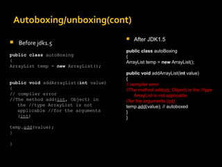 Autoboxing/unboxing(cont)
 Before jdk1.5
public class autoBoxing
{
ArrayList temp = new ArrayList();
public void addArrayList(int value)
{
// compiler error
//The method add(int, Object) in
the //type ArrayList is not
applicable //for the arguments
(int)
temp.add(value);
}
}
 After JDK1.5
public class autoBoxing
{
ArrayList temp = new ArrayList();
public void addArrayList(int value)
{
// compiler error
//The method add(int, Object) in the //type
ArrayList is not applicable
//for the arguments (int)
temp.add(value); // autoboxed
}
}
 