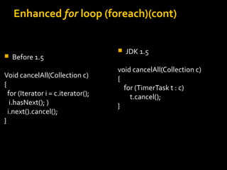 Enhanced for loop (foreach)(cont)
 Before 1.5
Void cancelAll(Collection c)
{
for (Iterator i = c.iterator();
i.hasNext(); )
i.next().cancel();
}
 JDK 1.5
void cancelAll(Collection c)
{
for (TimerTask t : c)
t.cancel();
}
 