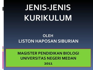 JENIS-JENIS KURIKULUM OLEH LISTON HAPOSAN SIBURIAN MAGISTER PENDIDIKAN BIOLOGI UNIVERSITAS NEGERI MEDAN 2011 