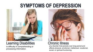 is difficulty in comprehending or
processing information.
any disorder that persists over long period and
affects physical, emotional, intellectual, vocational,
social, or spiritual functioning.
 