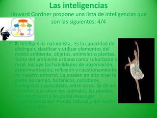 Las inteligenciasHoward Gardner propone una lista de inteligencias que son las siguientes: 3/45. Inteligencia espacial, para formar un modelo mental de un ámbito espacial y operar al usar ese modelo. Los marineros, los cirujanos y los pintores son ejemplos de personas con un alto desarrollo de esta inteligencia. 6. Inteligencia interpersonal, se construye a partir de la habilidad para sentir distinciones entre las personas: contrastes en sus estados de ánimo, temperamento, motivaciones, intenciones; una inteligencia interpersonal muy desarrollada la deben tener los profesores, los líderes religiosos y los vendedores.7. Inteligencia intrapersonal, es la habilidad que se manifiesta cuando un individuo puede formar un modelo de sí mismo y usarlo para funcionar en su vida cotidiana. Tener conciencia de los estados de ánimo interiores, las intenciones, las motivaciones, los temperamentos y los deseos, y la capacidad para la autodisciplina, la autocomprensión y la autoestima.