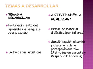    TEMAS A                    ACTIVIDADES           A
    DESARROLLAR:
                                  REALIZAR:
 Fortalecimiento   del
    aprendizaje.lenguaje         Diseño de material
    oral y escrito                didáctico.(por talleres)

                                 Sensibilización al sonido
                                  y desarrollo de la
                                  percepción auditiva
   Actividades artisticas.       (Actitudes de escucha y
                                  Respeto a las normas)
 