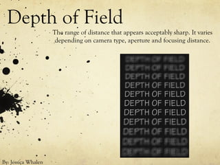 Depth of Field
                     The range of distance that appears acceptably sharp. It varies
                      depending on camera type, aperture and focusing distance.




By: Jessica Whalen
 