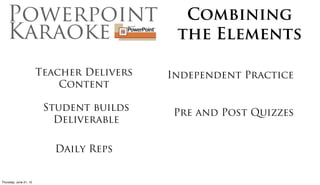 Combining
                                         the Elements

                      Teacher Provides
                          Content

                       Student builds




Friday, June 22, 12
 