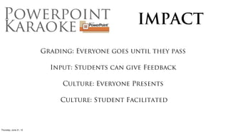 Combining
                                          the Elements

                      Teacher Provides   Independent Practice
                          Content

                       Student builds
                         Deliverable

                         Daily Reps


Friday, June 22, 12
 