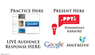 Practice Here   Present Here



                                          Powerpoint
                                           KARAOKE


           LIVE Audience
           Response HERE:
Friday, June 22, 12
 